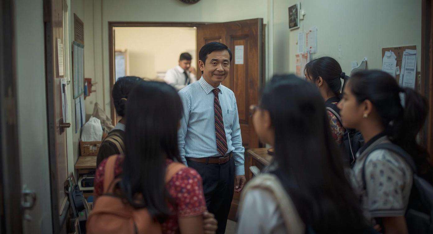 Educator speaking with students in a school hallway while administrative work remains visible in the background.