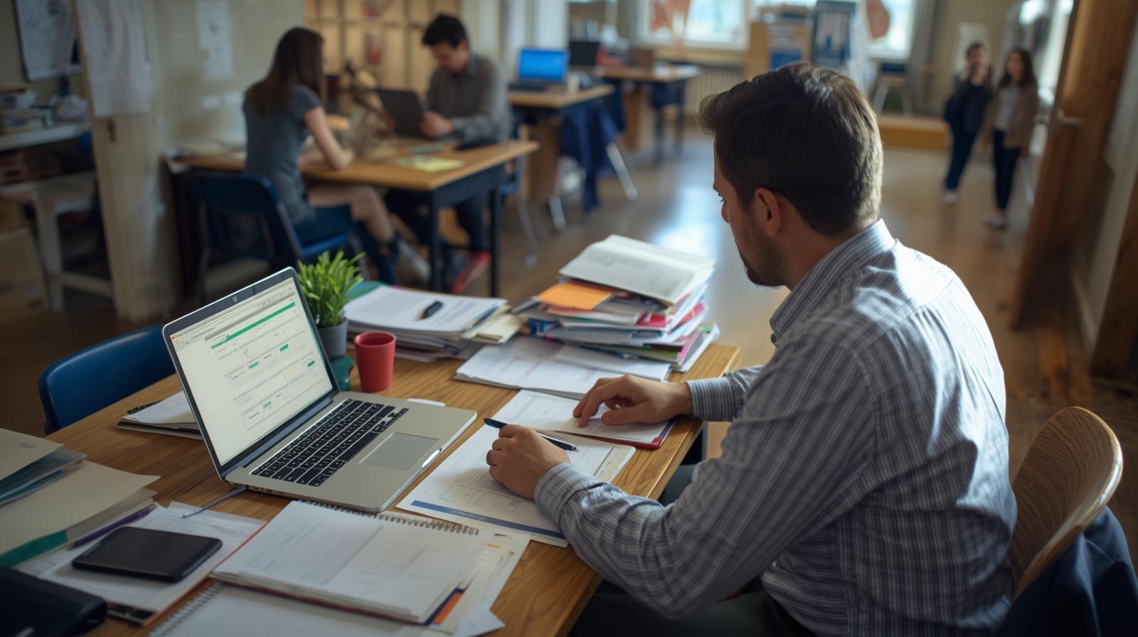 Educator speaking with students in a school hallway while administrative work remains visible in the background.