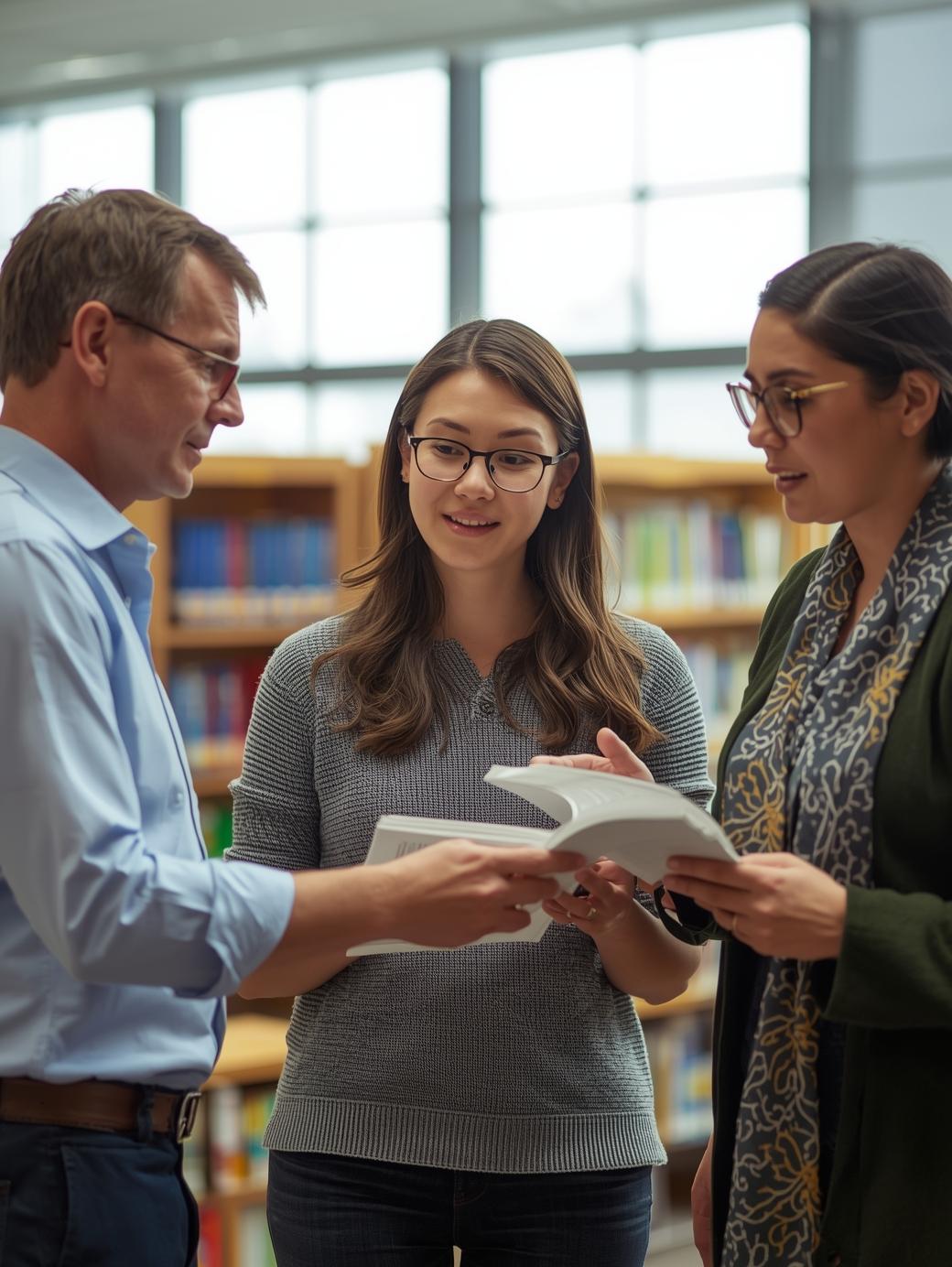 Educator speaking with students in a school hallway while administrative work remains visible in the background.