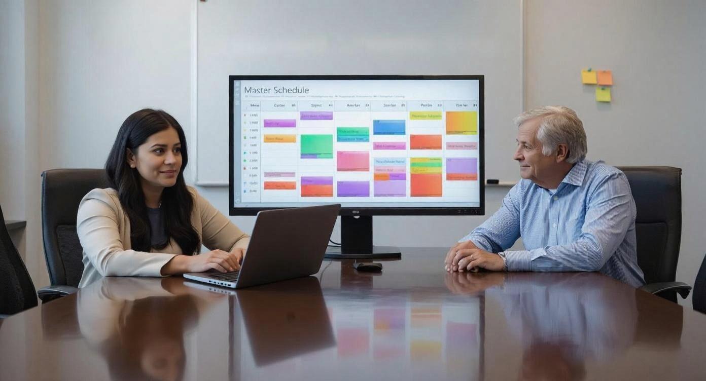 Educator speaking with students in a school hallway while administrative work remains visible in the background.