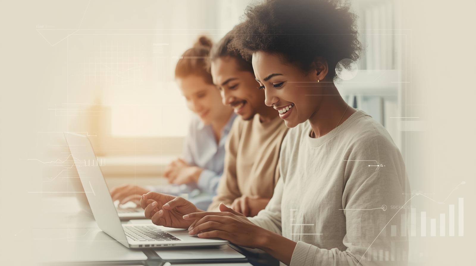 Educator speaking with students in a school hallway while administrative work remains visible in the background.